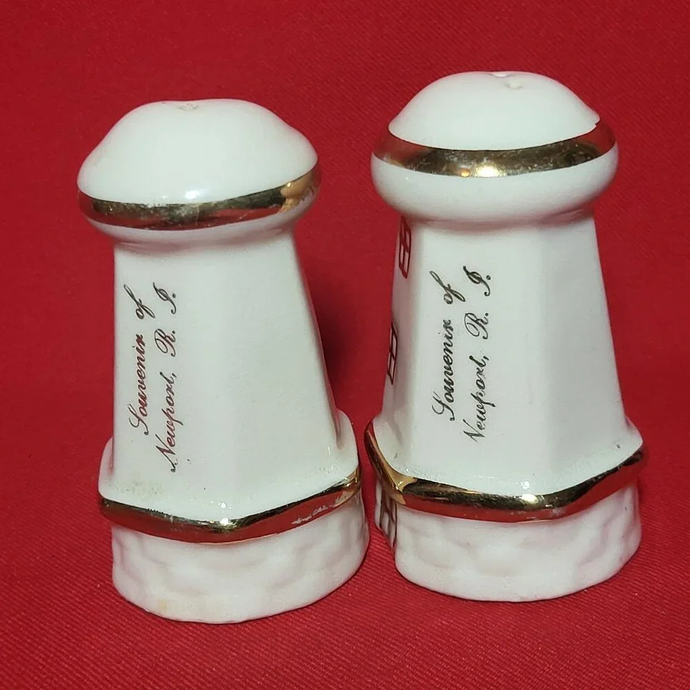 Vintage Lighthouse Salt and Pepper Shaker Gold Trim Set of 2